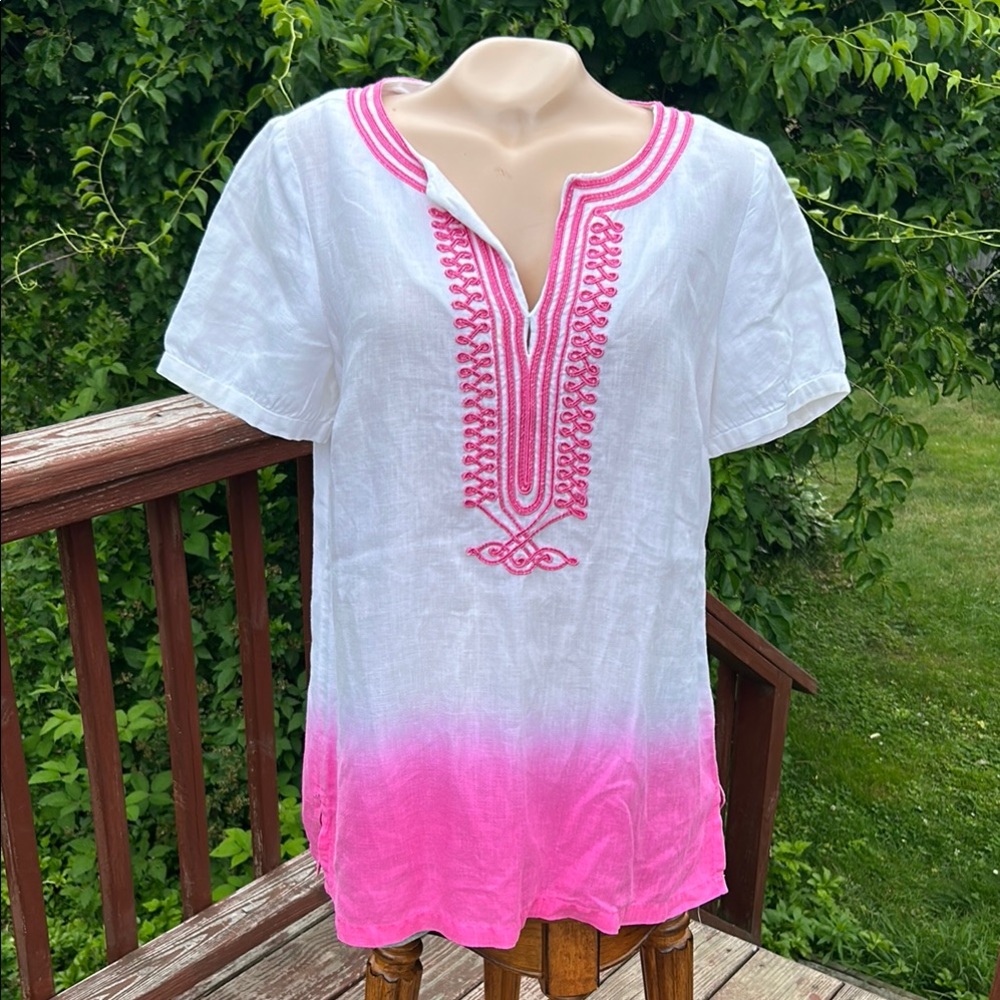 MICHAEL Michael Kors White and Pink Embroidered Tunic-Linen Size 8 Zip Back